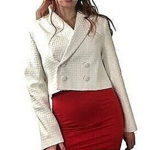 Avec Les Filles White Tweed Cropped Double Breasted Blazer Jacket Women's Size S